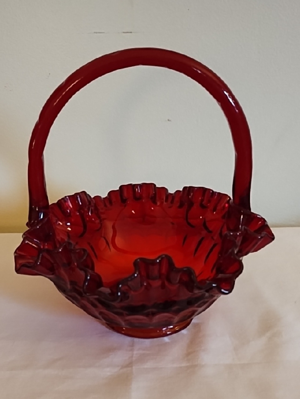 FENTON GORGEOUS RED RUFFLED  BASKET WITH HANDLE. FUSED GLASS.THUMBPRINT PATTERN